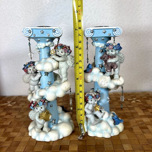 DREAMSICLES 7”Cherubs Candlesticks X2 BY DANBURY MINT Baby Blue w/ Stars Clouds - Picture 15 of 16